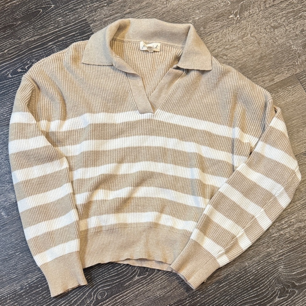 Tan and White V-Neck Sweater